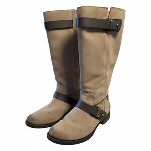 Crown Vintage Suede Mid-Calf Riding Boots Taupe Neutral Size 8 Capsule Wardrobe